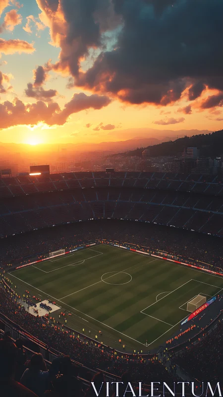 Sunset stadium cauldron beneath glowing stormlit sky.