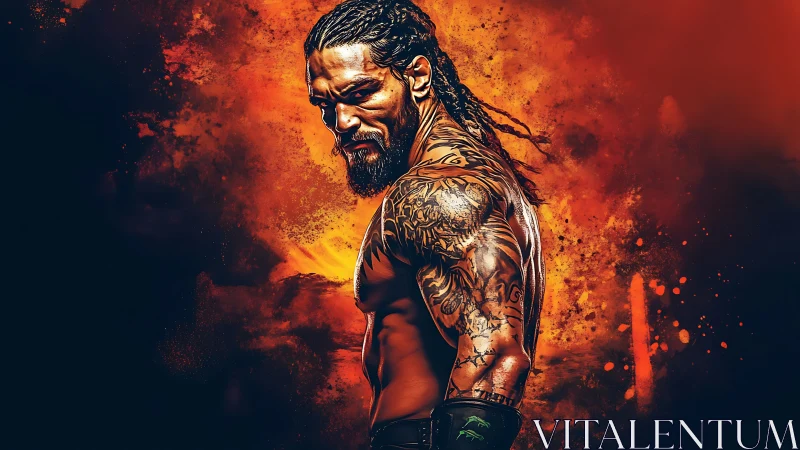Muscular tattooed fighter posing against fiery orange art