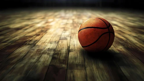 Basketball resting on worn hardwood court under spotlight.