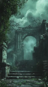 Ancient stone gate rises through mist in haunted forest ruin