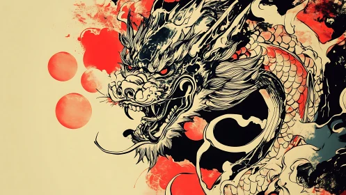 Ferocious inked dragon amid abstract crimson orbs.