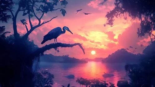 Heron on river branch at vivid tropical sunset horizon.