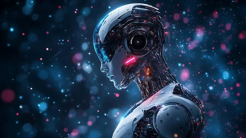 Cybernetic humanoid profile under neon particle field