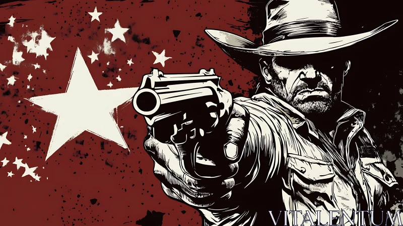 Vector western gunslinger aiming revolver against star field.