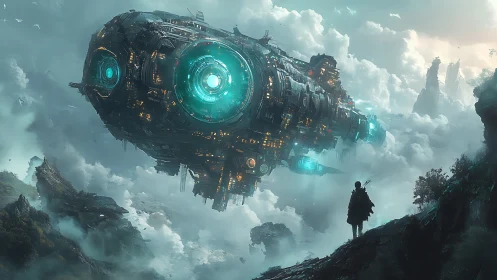 Colossal starship descends through stormlit alien clouds.