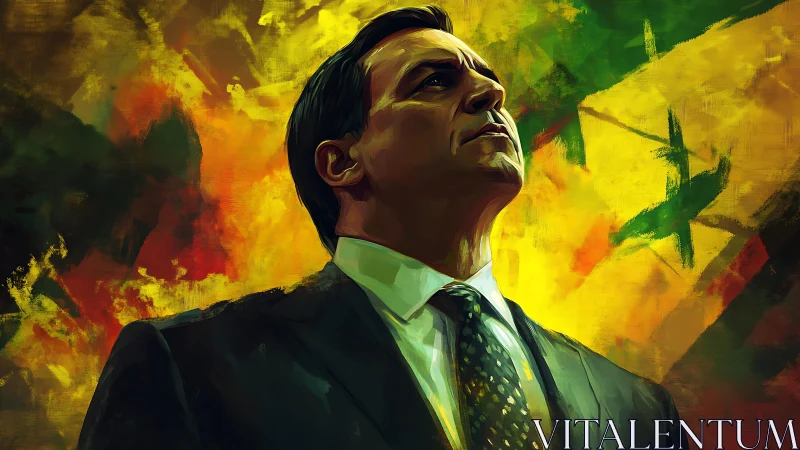 Commanding suited figure stands tall in bold painted light