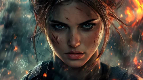 Battle-scarred ember huntress glaring through collapsing fire.