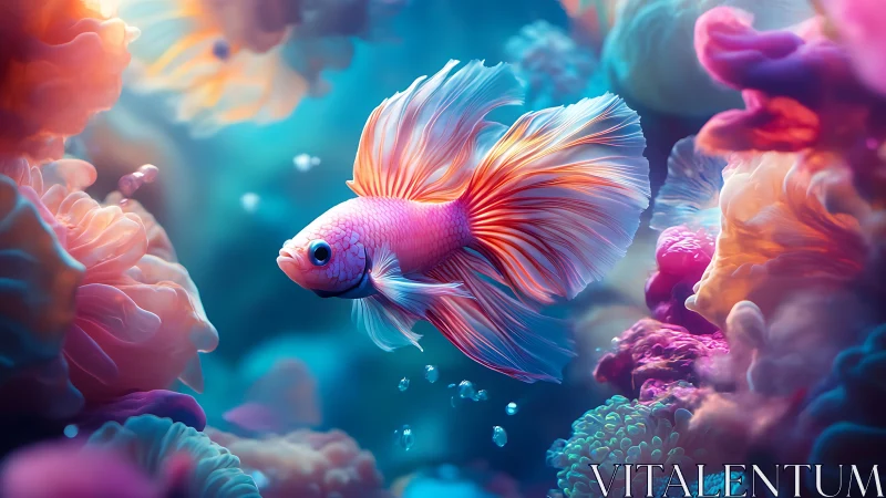 Betta fish amid stylized coral forms in blue water.