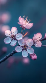 Pink Cherry Blossoms Against Deep Teal Background