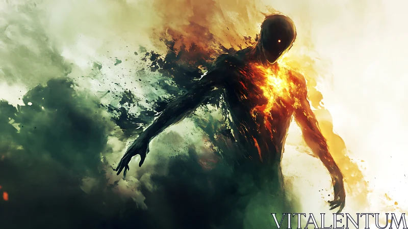 Fiery shadow figure strides through swirling light and smoke