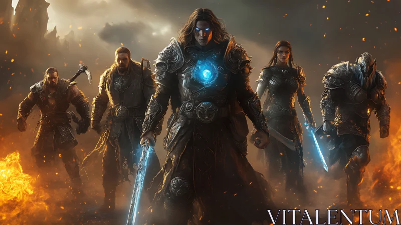 Emberlit heroes stride through battle with glowing resolve.