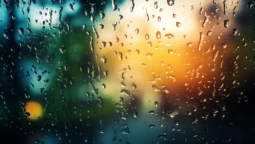 Raindrops on glass surface with blurred sunset background.