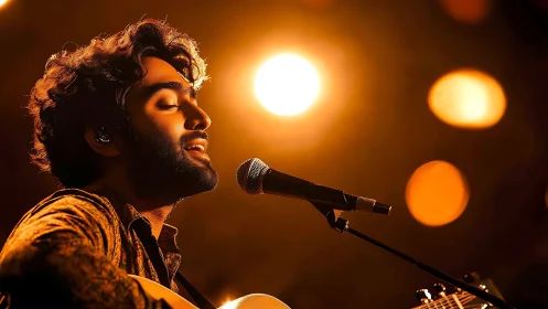 Male guitarist sings under warm stage spotlights in profile