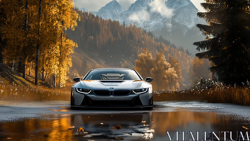 Sports coupe on wet mountain road in autumn forest landscape.