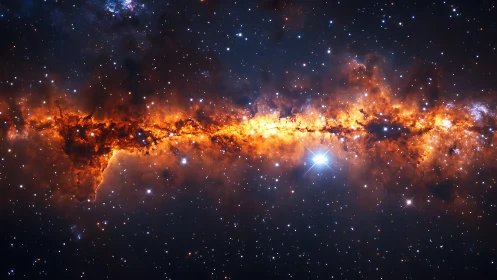 Fiery galactic core stretches across a star-filled cosmos.