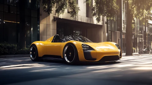 Sunlit yellow roadster lounges low between glass towers