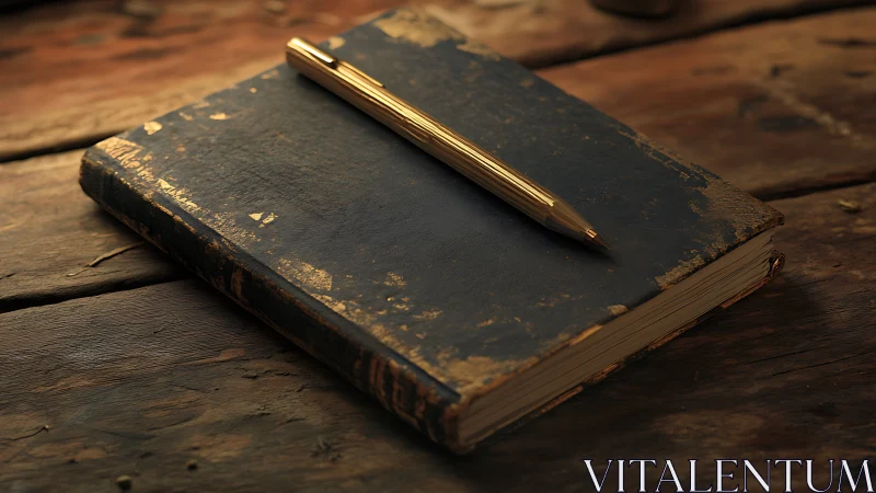 Weathered journal and brass pen quietly rehearse old stories