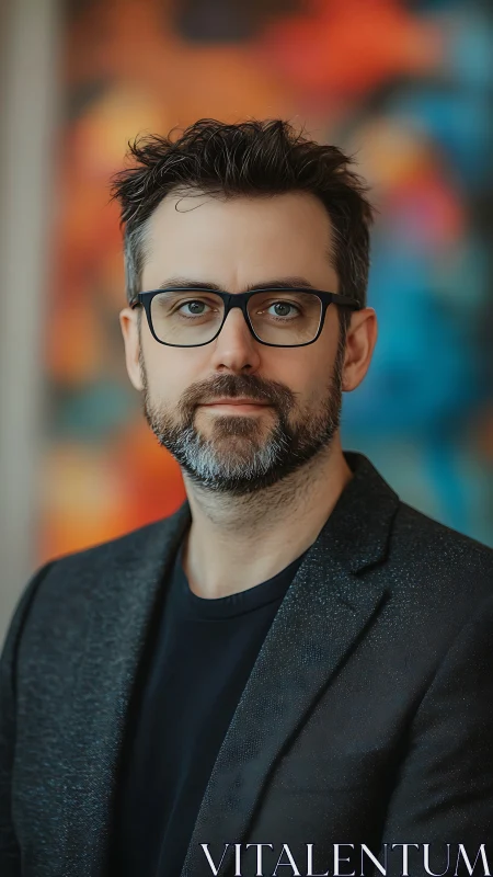 Professional man in glasses posed before colorful backdrop.