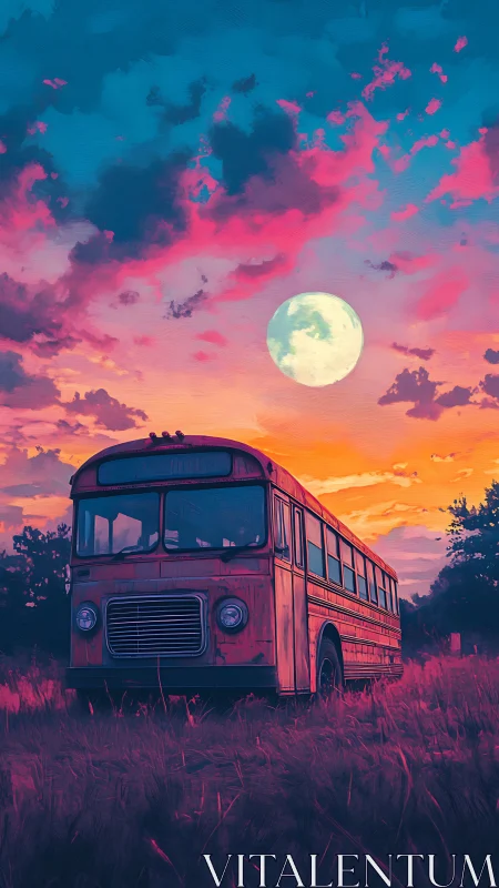 Old bus in field under large moon at vivid sunset sky.