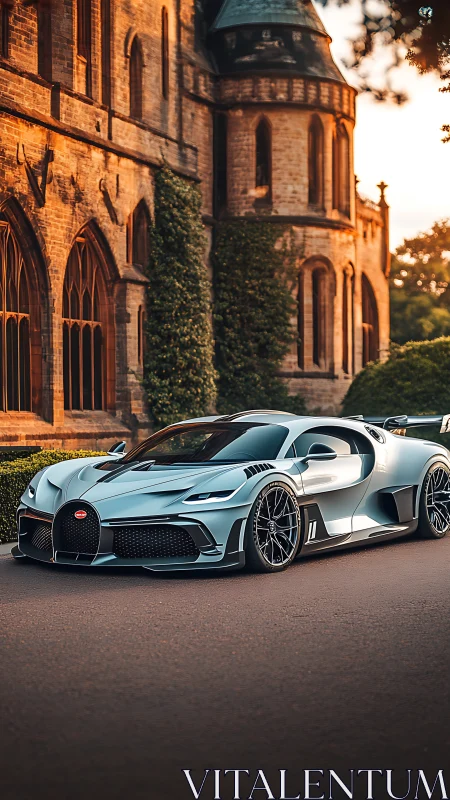 Silver hypercar parked before historic stone castle walls.