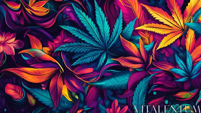 Lush neon leaves glow together in a dreamy tropical swirl