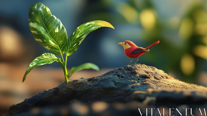 Tiny red bird greets new leaf in soft enchanted sunlight.