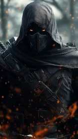 Ashlit ranger in black hood stalking through emberstorm woods.