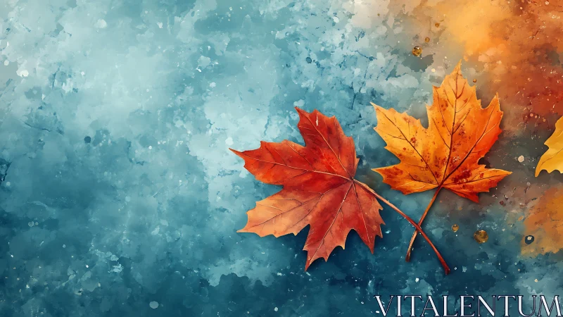 Autumn maple leaves drift across vivid blue watercolor field.