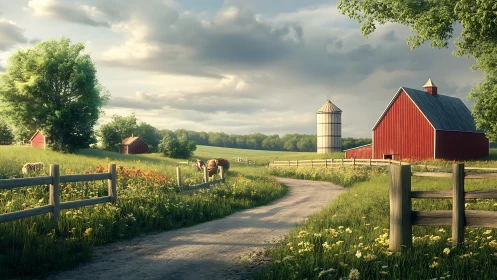 Golden hour country farm welcomes a quiet summer stroll