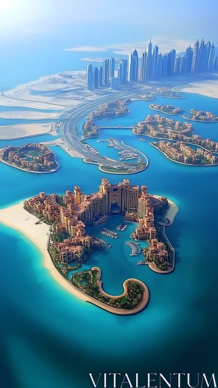 Dubai Palm Jumeirah Aerial View with Cityscape.