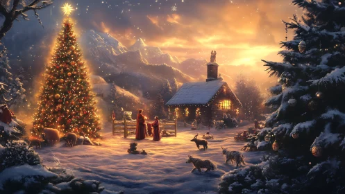 Snow-covered rural Christmas yard depicts lit tree and cabin