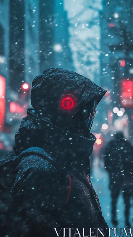 Cybernetic hooded figure in neon snowstorm, urban dusk