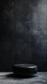 Black leather ottoman anchors moody minimalist interior scene.