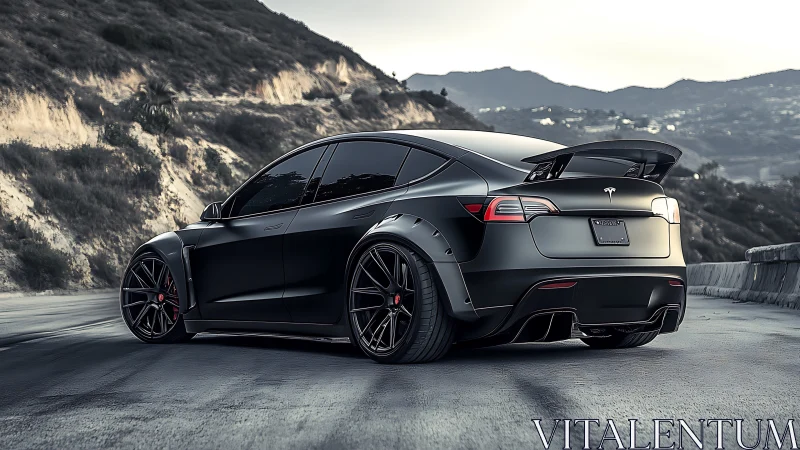 Matte black Tesla crossover tuned for aggressive canyon runs.