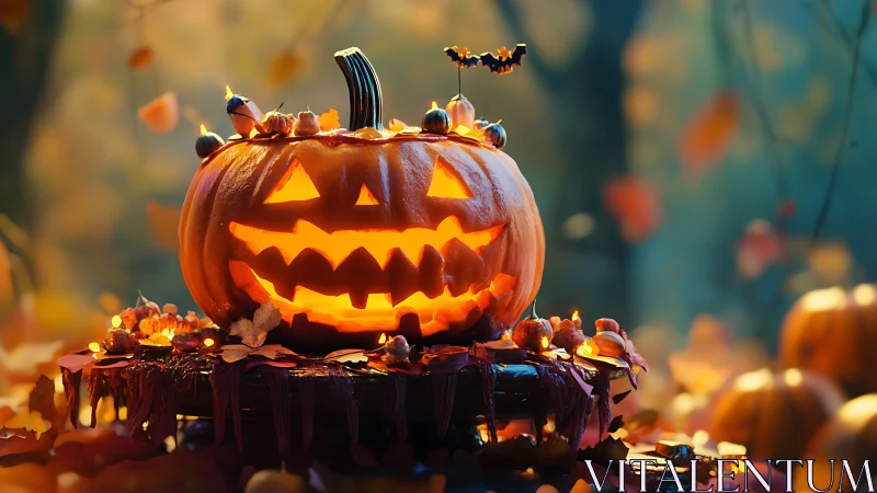 Illuminated jack-o-lantern pumpkin with autumnal decorative elements and bats