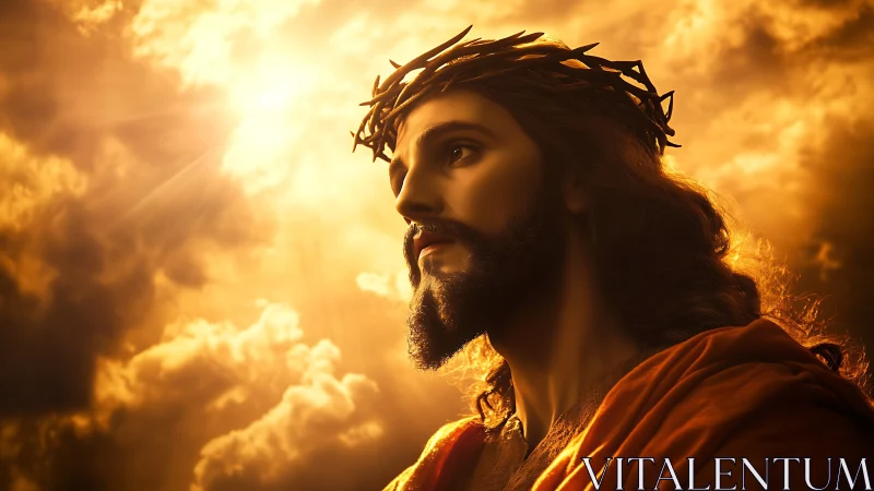 Portrait of crowned man illuminated by radiant golden sky