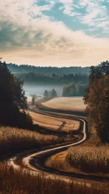 Golden country road gently winding through misty autumn fields