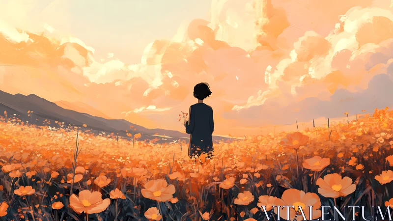 Solitary figure in glowing wildflower field at dusk.