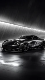 Monochrome tunnel render shows low-slung aero coupe with specular highlights