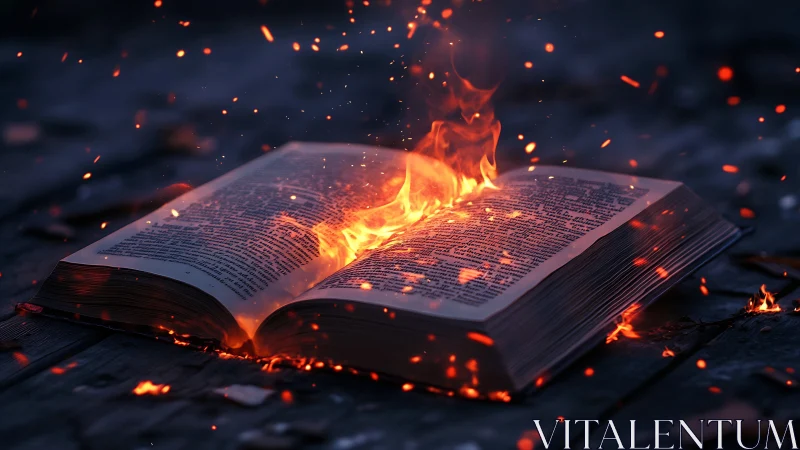 Burning Book with Fiery Embers in Dark Atmosphere.