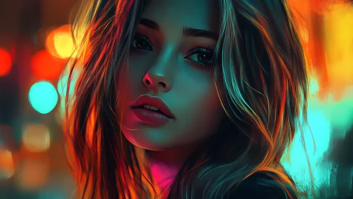 Digital portrait of young woman in blurred neon city lights.
