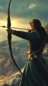 Sunset huntress draws her bow above ember-touched forest.