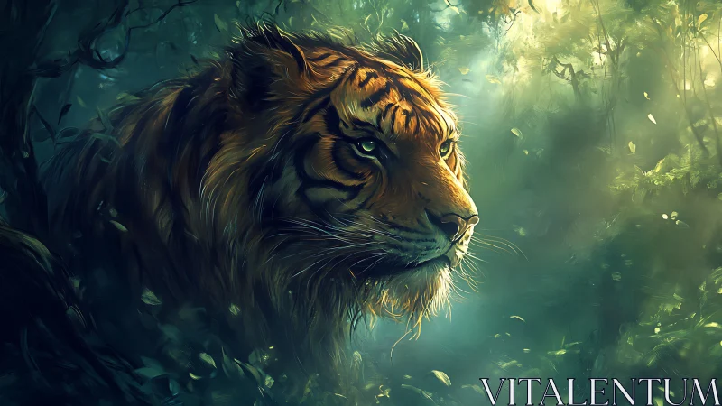 Majestic tiger emerges from luminous emerald jungle mist.