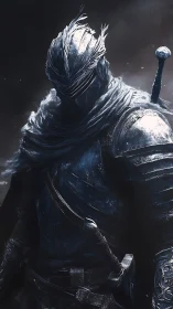 Frost crowned knight emerging from stormlit shadowed void.