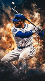 Explosive diamond slugger frozen mid-swing in cosmic dust storm.