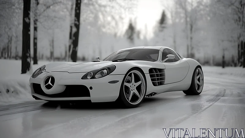 Photorealistic silver supercar on icy forest roadway composition.