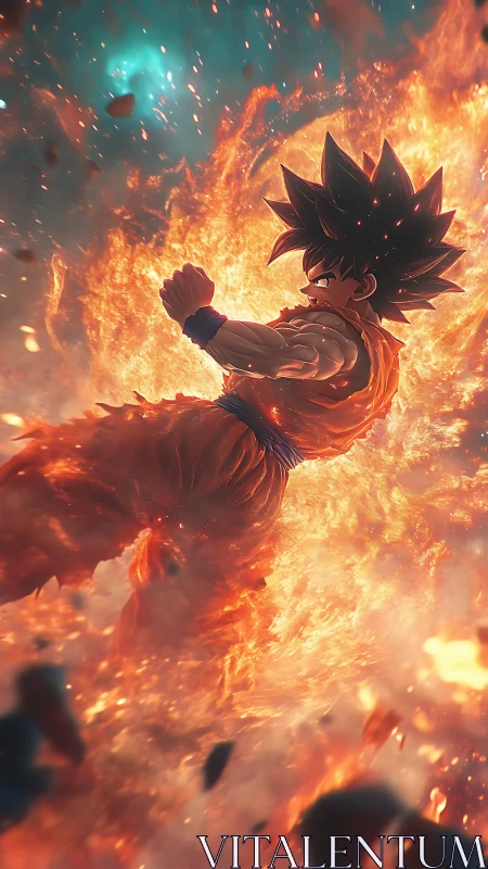 Fiery anime warrior ascending through explosive aura storm.