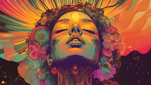 Psychedelic portrait of uplifted woman amid radiant waves.