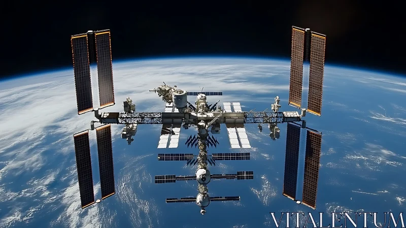 International Space Station with solar array symmetry above Earth
