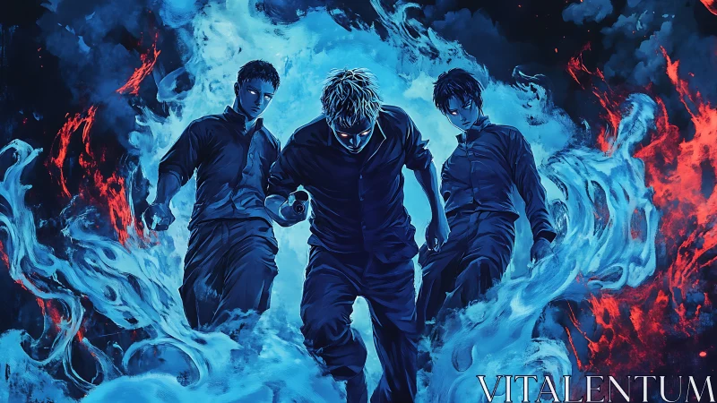 Three blue-lit warriors advance through swirling elemental fire